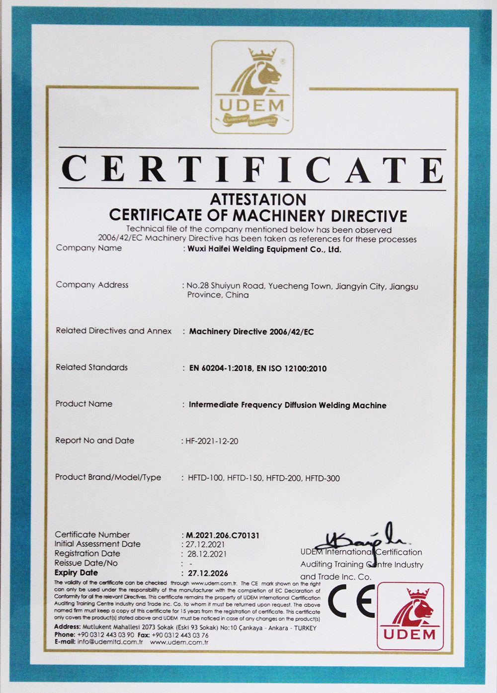 CE Certificate - Polymer Diffusion Welding Machine CE Certificate - Polymer Diffusion Welding Machine